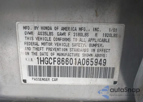 2001 Honda Accord Value Package из США, поврежденный, VIN 1HGCF86601A065949